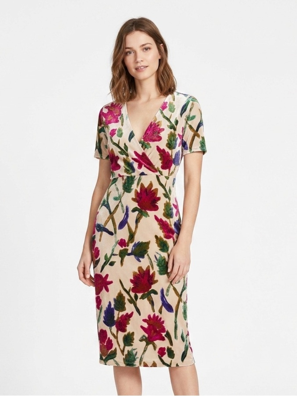 [Zara] Velvet V Neck Crossover Midi Floral Dress